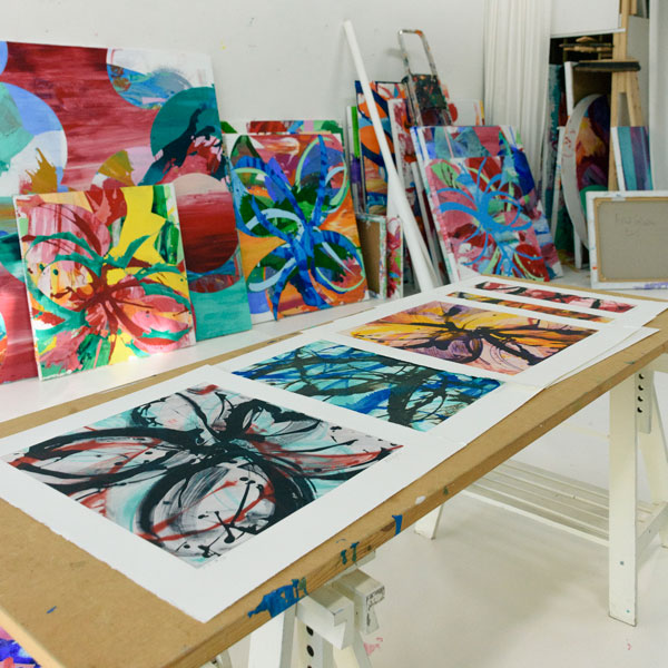 The Randas series of intaglio prints on a table in the studio of Astrid Sylwan